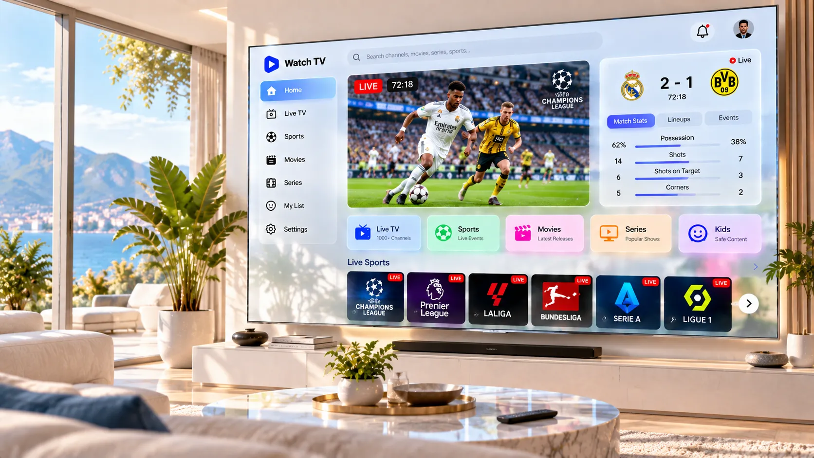 Paragraphen-Symbol neben einem Smart-TV mit IPTV-Oberfläche — symbolische Darstellung der Rechtslage in Deutschland