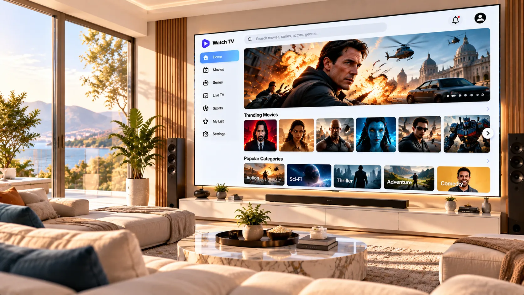 Schematische Darstellung einer VPN-verschlüsselten Verbindung zwischen IPTV-Gerät, VPN-Server und Streaming-Anbieter